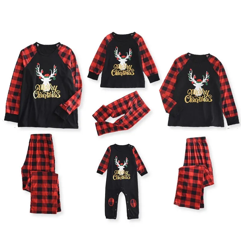 Matching Family Pajama Set Plaid Reindeer Merry Christmas Sleepwear