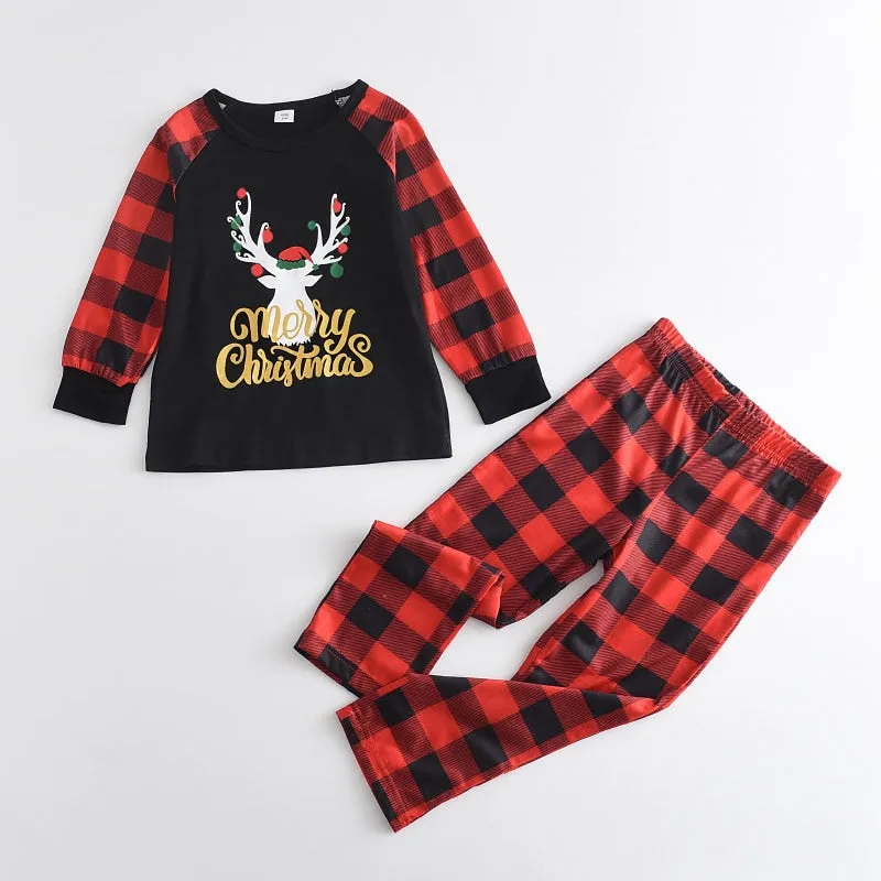 Matching Family Pajama Set Plaid Reindeer Merry Christmas Sleepwear