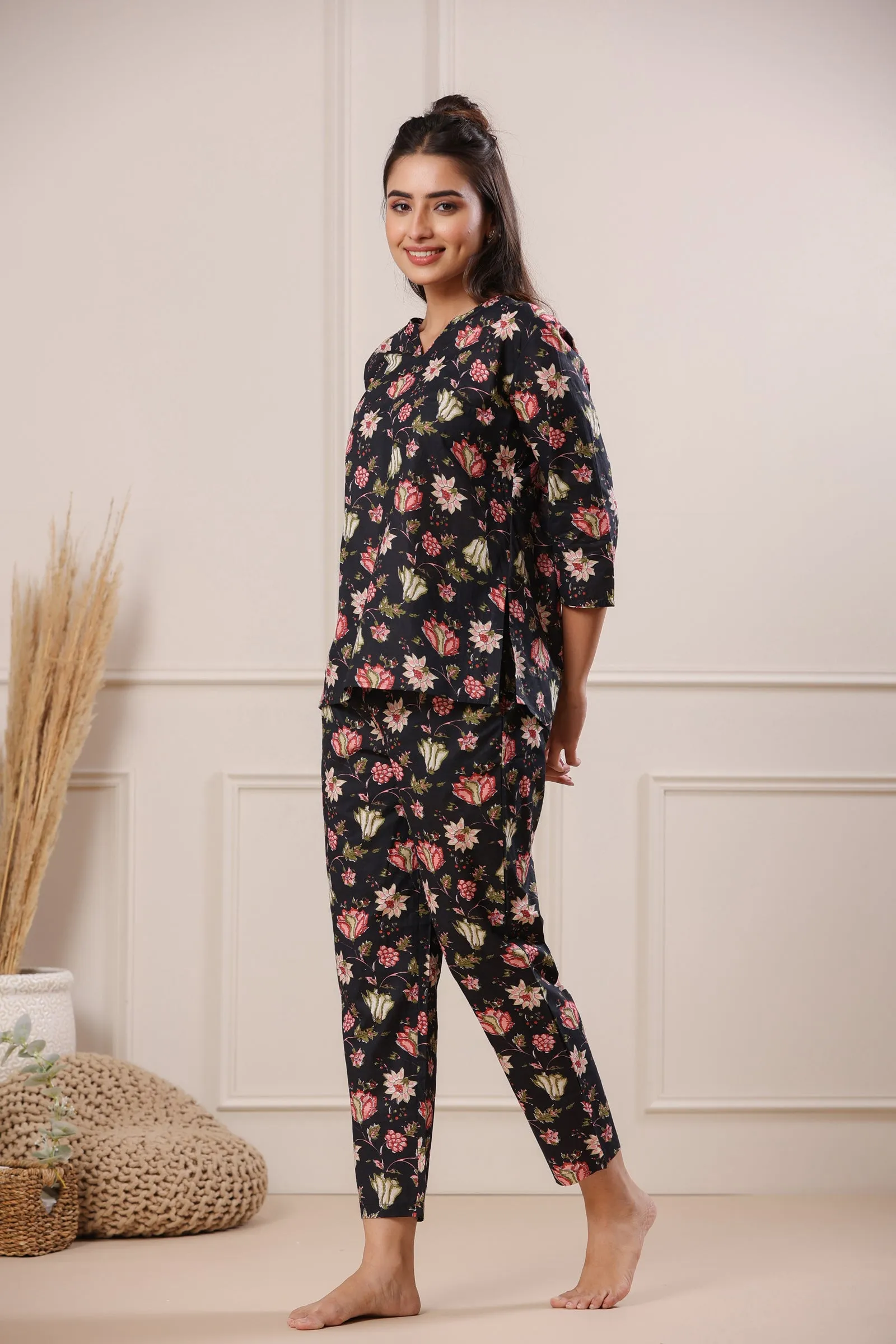 Nidra Garden Black Cotton Pyjama Night Suit Set