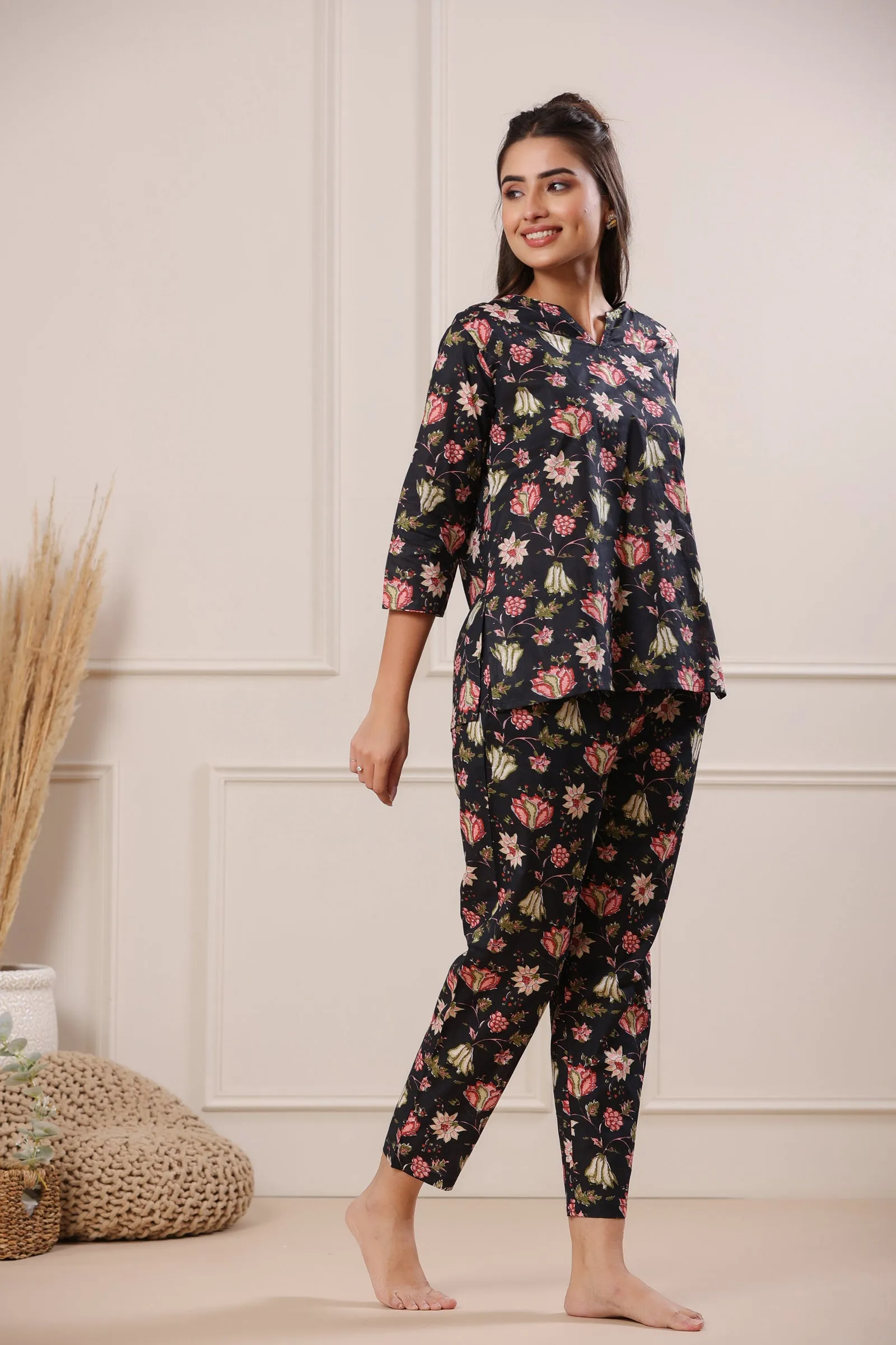 Nidra Garden Black Cotton Pyjama Night Suit Set