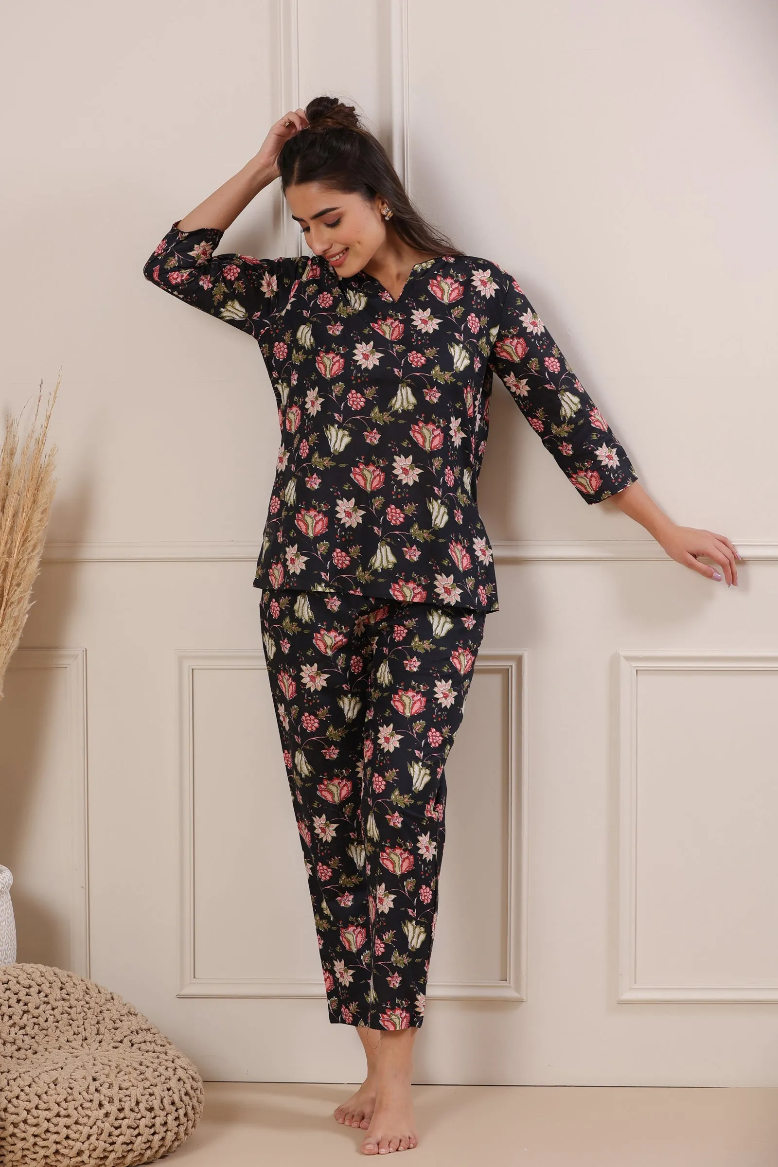 Nidra Garden Black Cotton Pyjama Night Suit Set