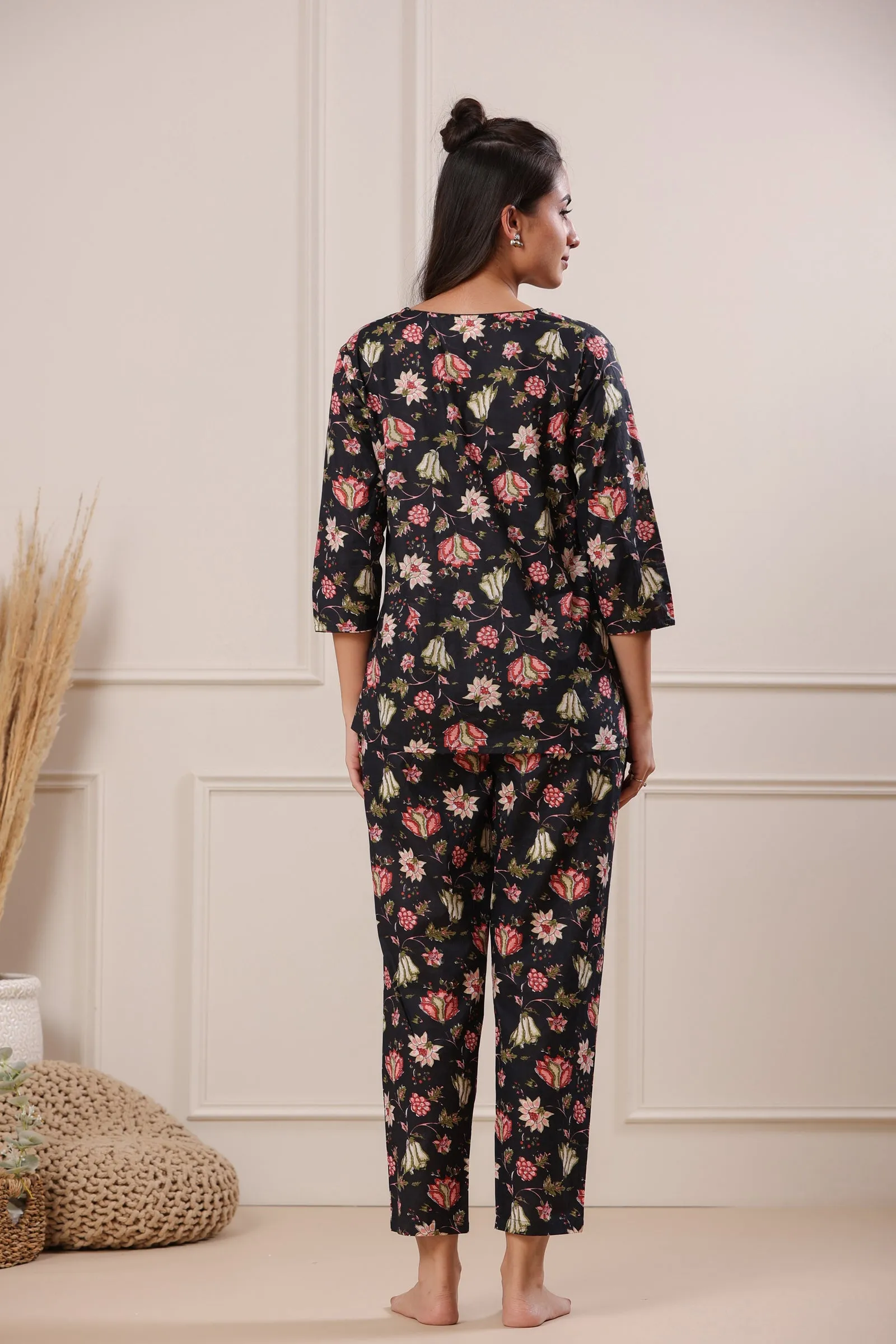 Nidra Garden Black Cotton Pyjama Night Suit Set