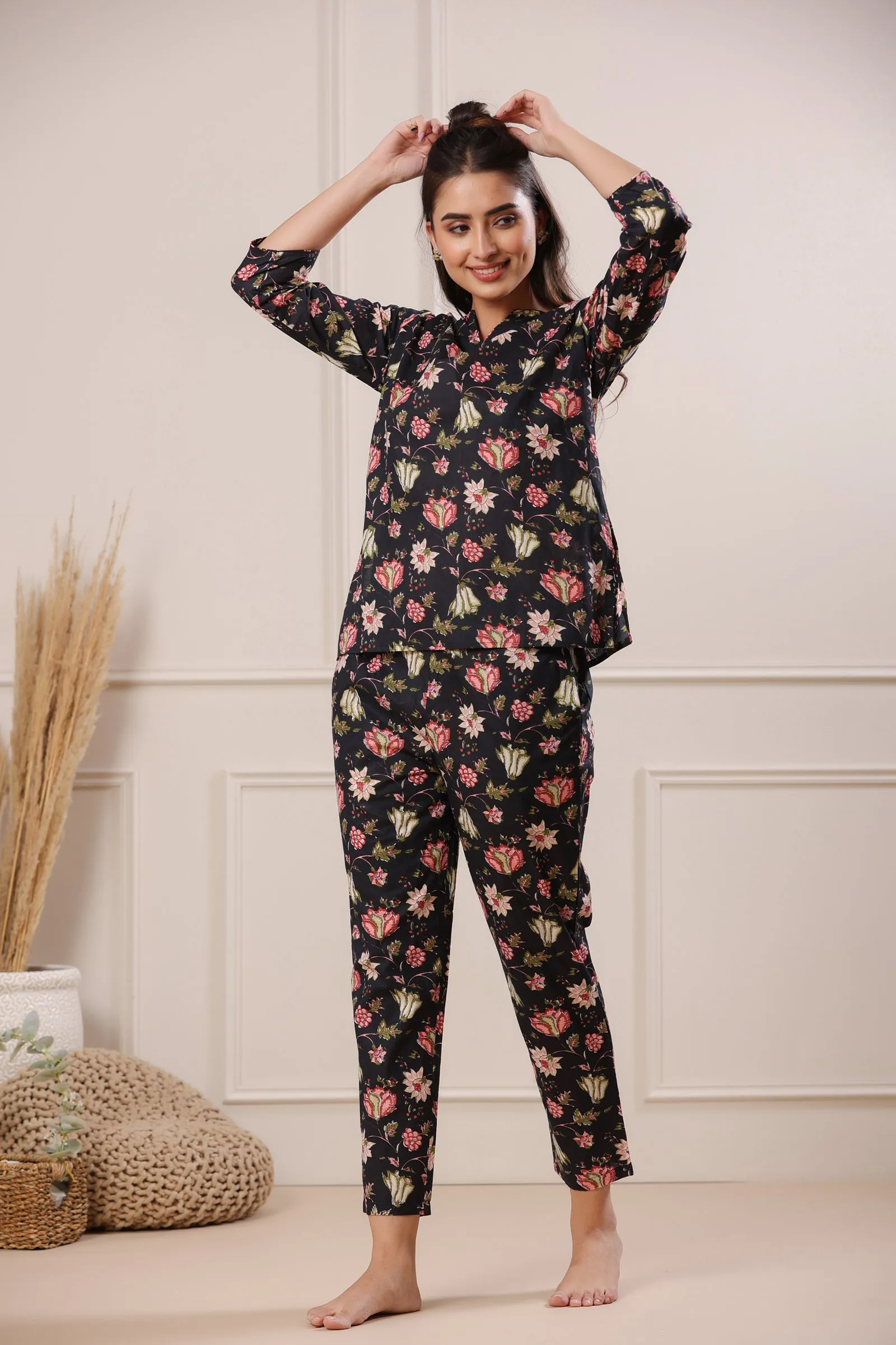 Nidra Garden Black Cotton Pyjama Night Suit Set