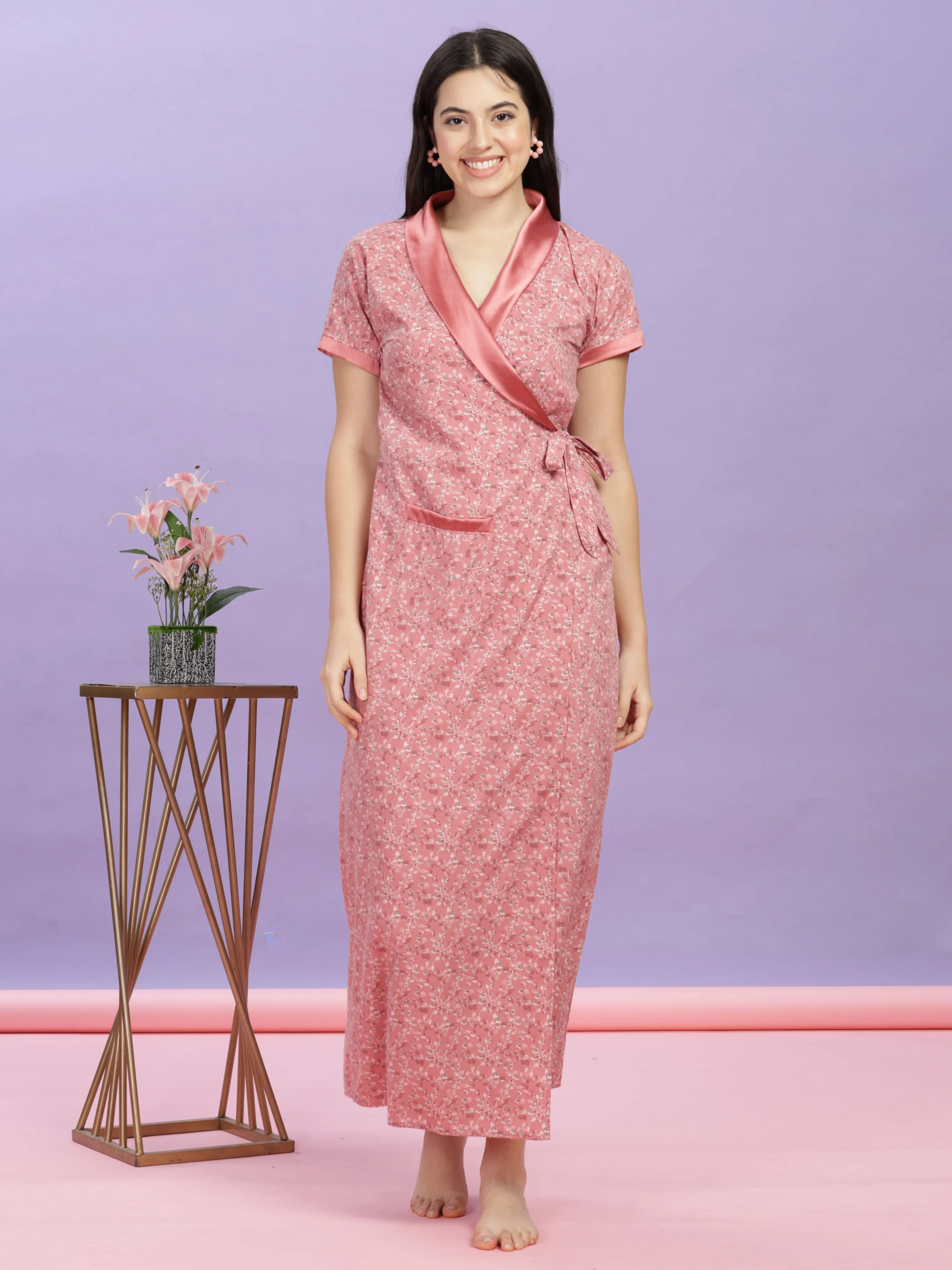 Pastel Pink Floral House Coat - Wrap Nightdress for Ultimate Comfort