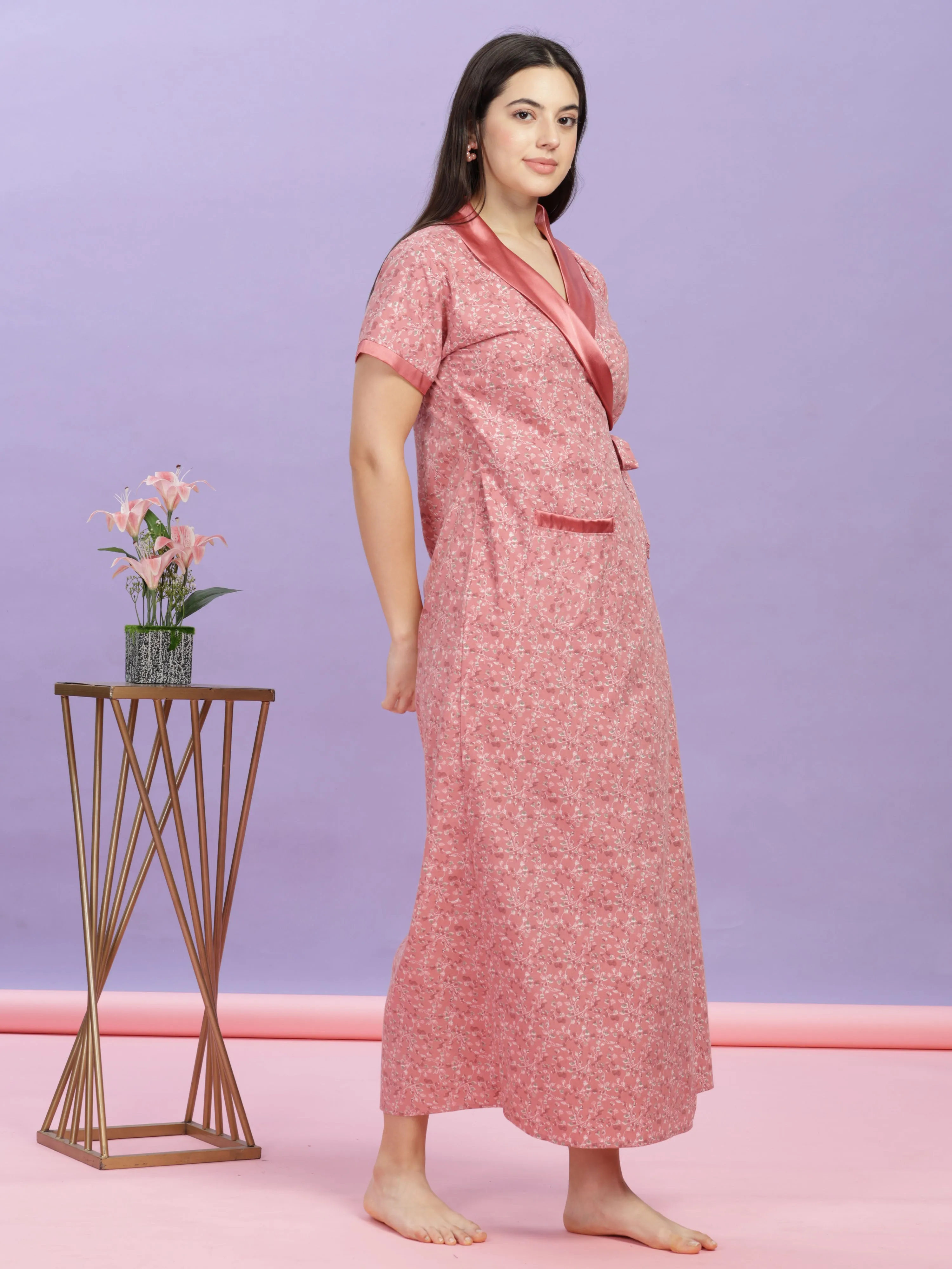 Pastel Pink Floral House Coat - Wrap Nightdress for Ultimate Comfort