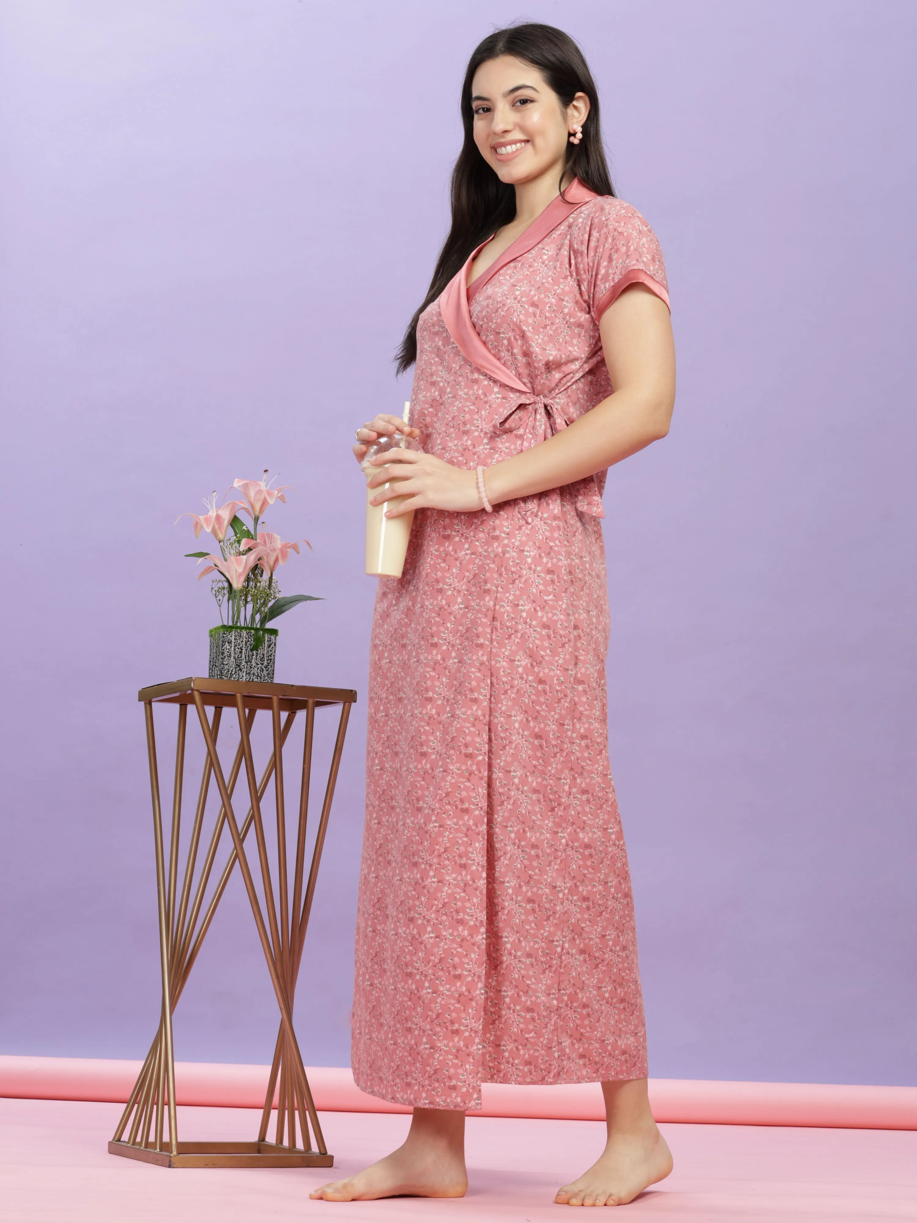 Pastel Pink Floral House Coat - Wrap Nightdress for Ultimate Comfort