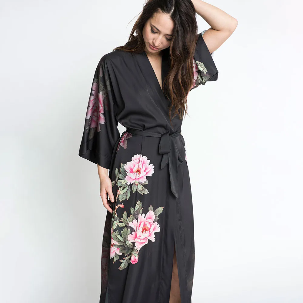 Peony & Bird Long Kimono Robe