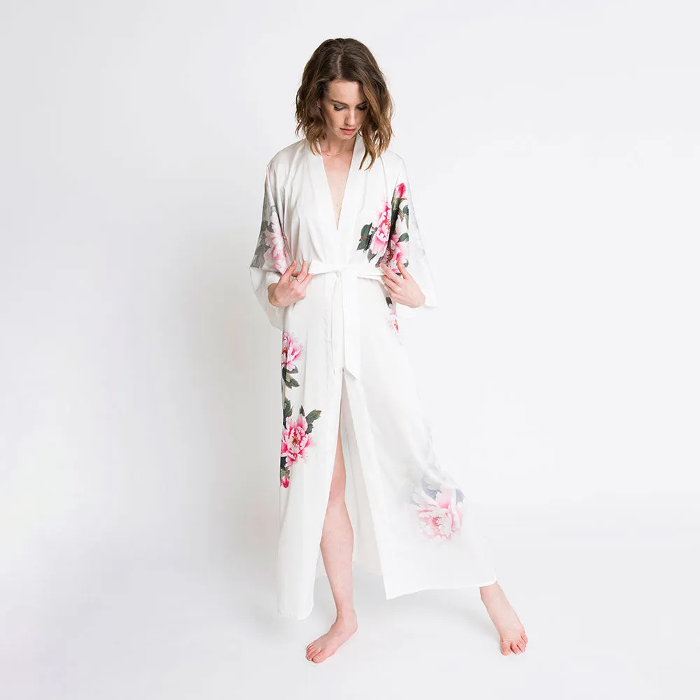 Peony & Bird Long Kimono Robe