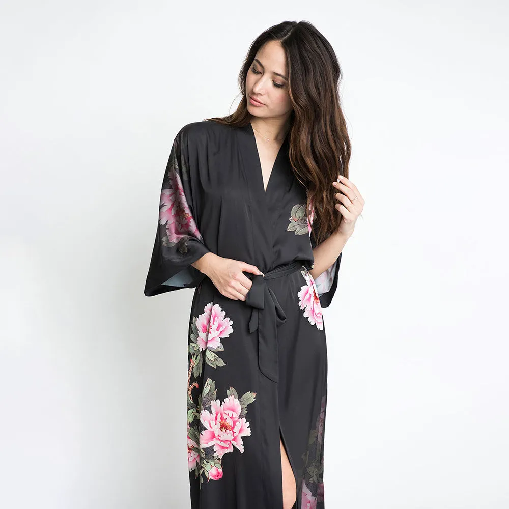 Peony & Bird Long Kimono Robe