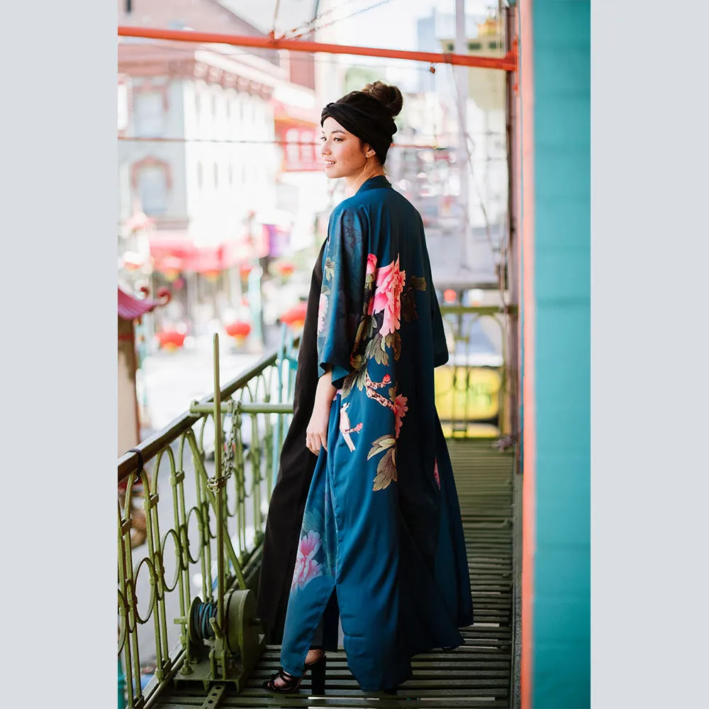 Peony & Bird Long Kimono Robe