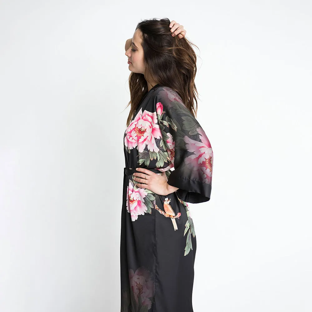 Peony & Bird Long Kimono Robe