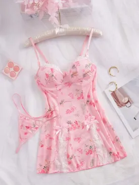 Pink Lace Cami Sleep Lingerie Dress Set