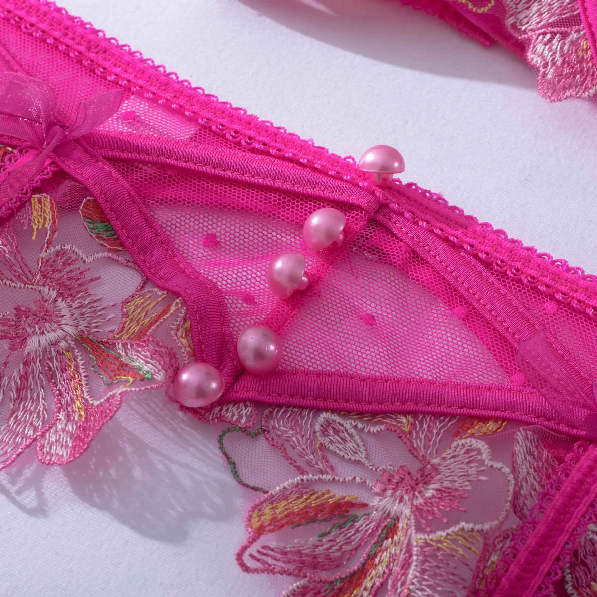 Pink Lingerie Set Floral Embroidery