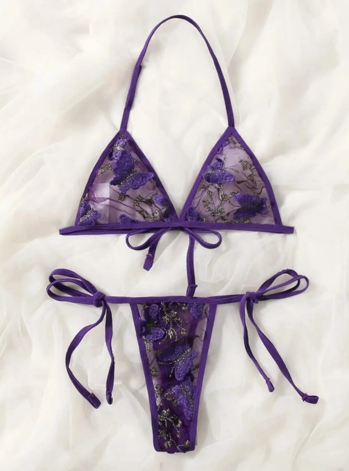 Purple Lingerie Set Butterfly Mesh