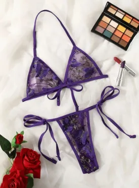 Purple Lingerie Set Butterfly Mesh