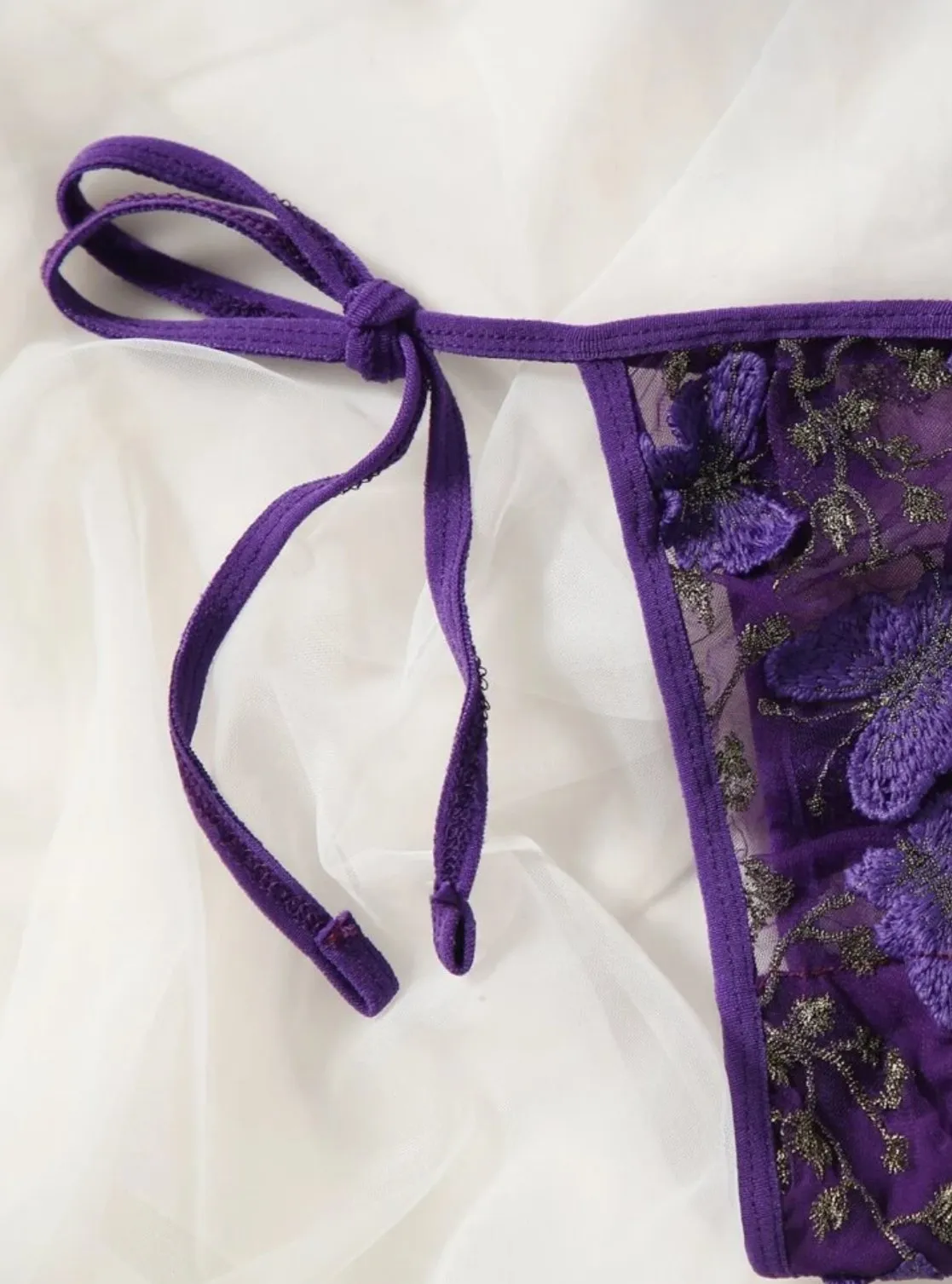 Purple Lingerie Set Butterfly Mesh