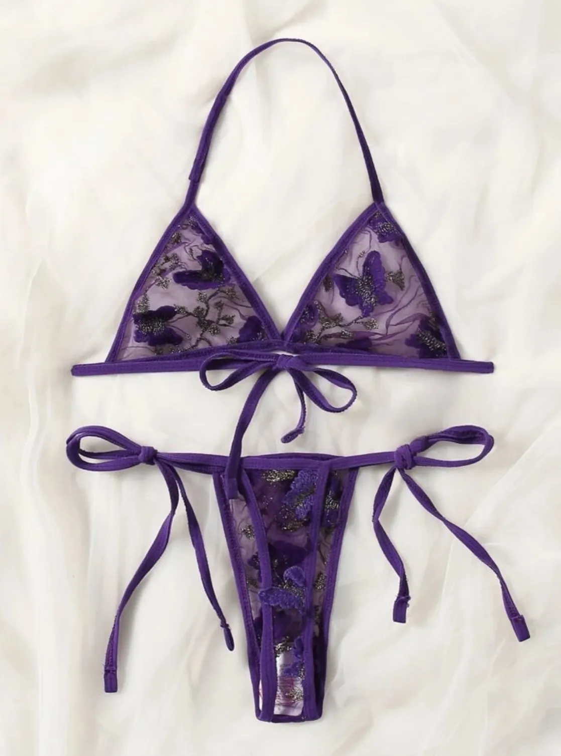 Purple Lingerie Set Butterfly Mesh