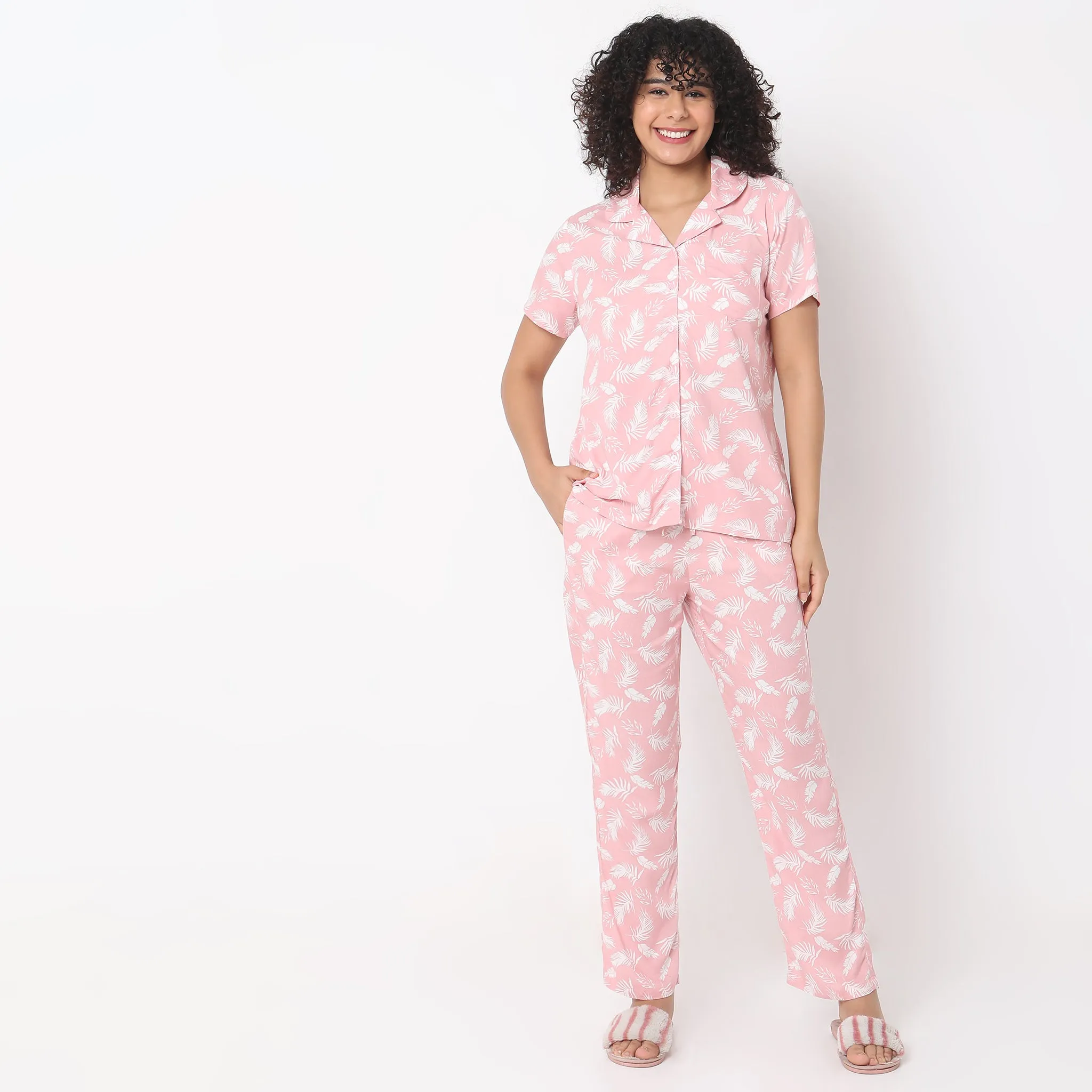 Regular Fit Floral Top with Pyjama Sleepwear Set