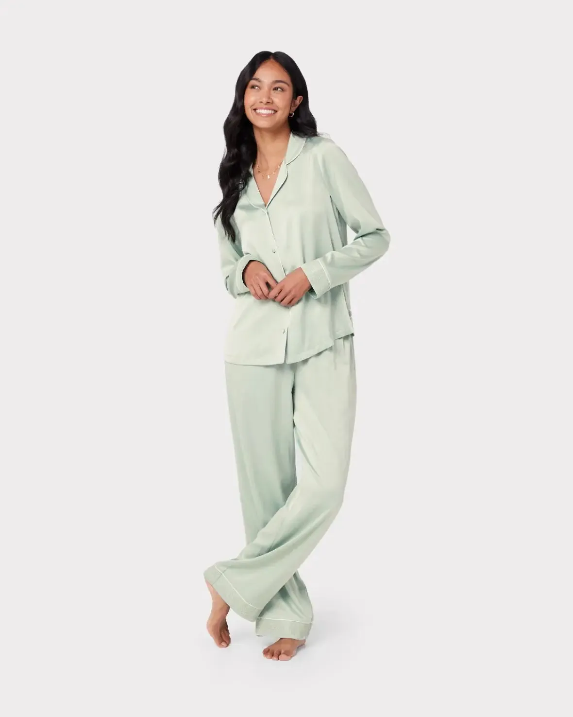 Sage Satin Lace Trim Women's Long Pyjama Set