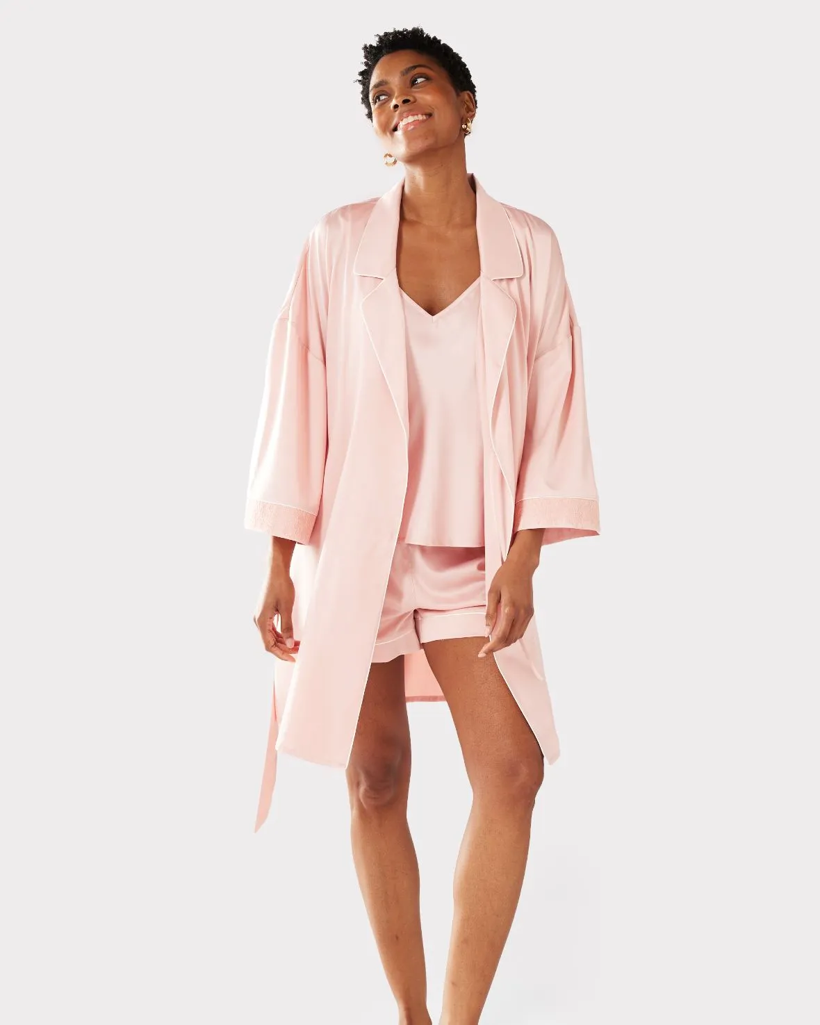 Satin Lace Trim Robe Dressing Gown - Blush