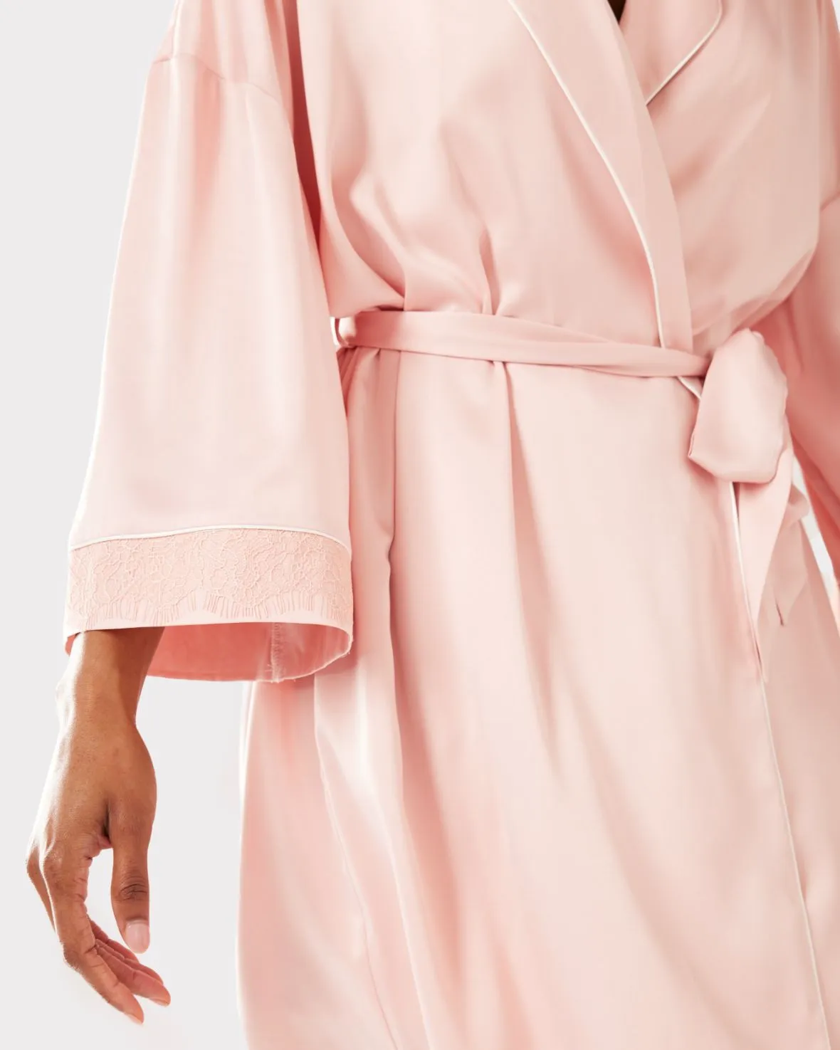 Satin Lace Trim Robe Dressing Gown - Blush