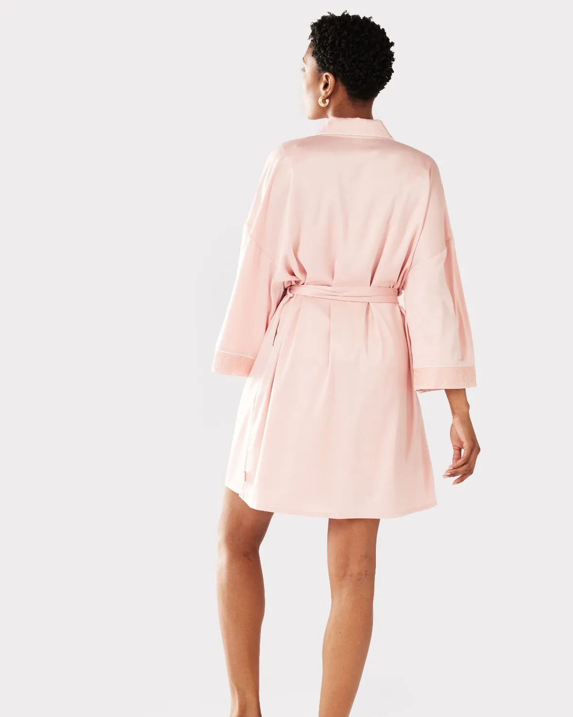 Satin Lace Trim Robe Dressing Gown - Blush