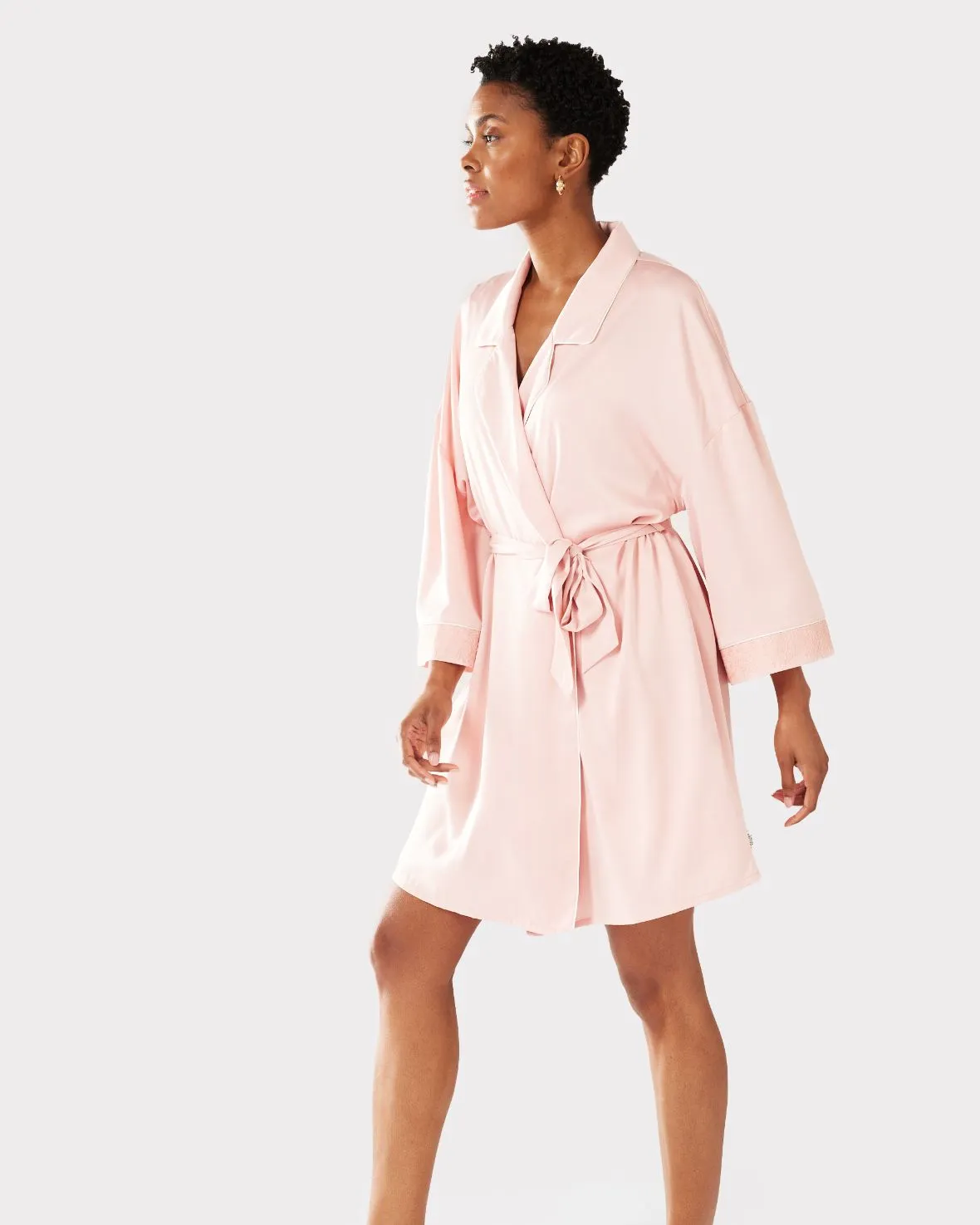 Satin Lace Trim Robe Dressing Gown - Blush