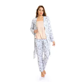 Set Of 3 Robe, Top & Pants Floral Pajama Set for Women - Simon & Baby Blue