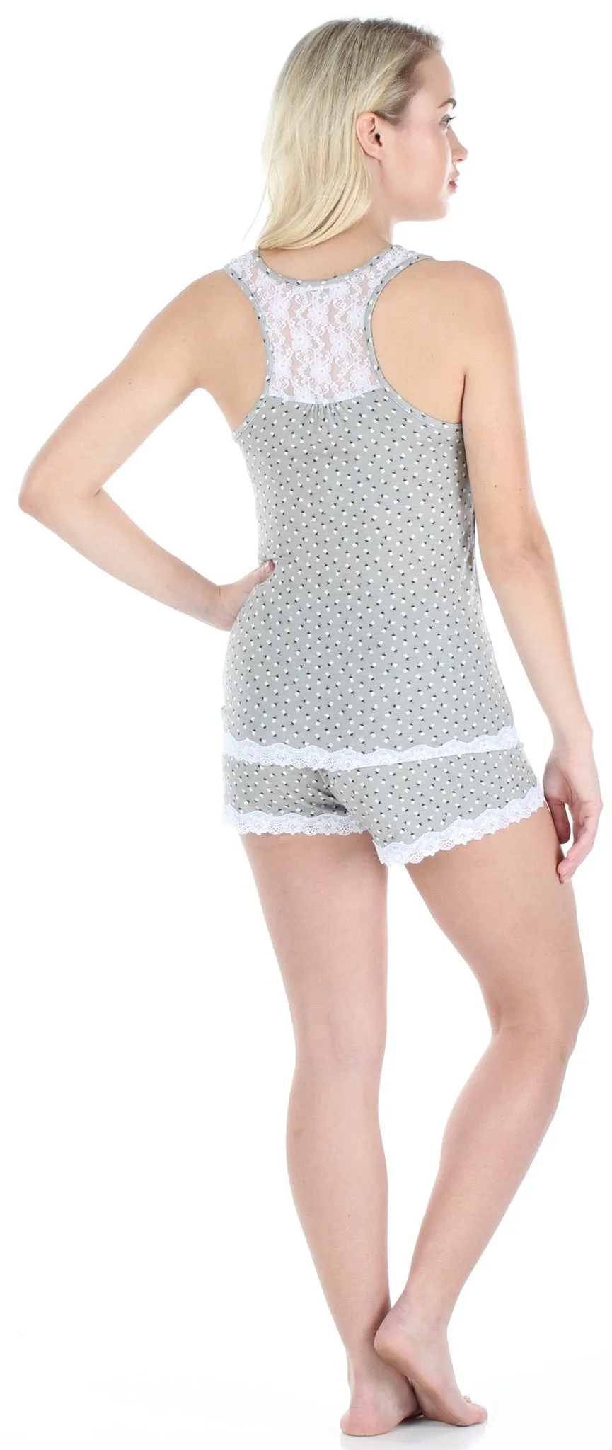 Sleepyheads Women's Sleepwear Stretchy Knit 2-Piece Lace Trim Tank Top & Shorts Pajamas Set