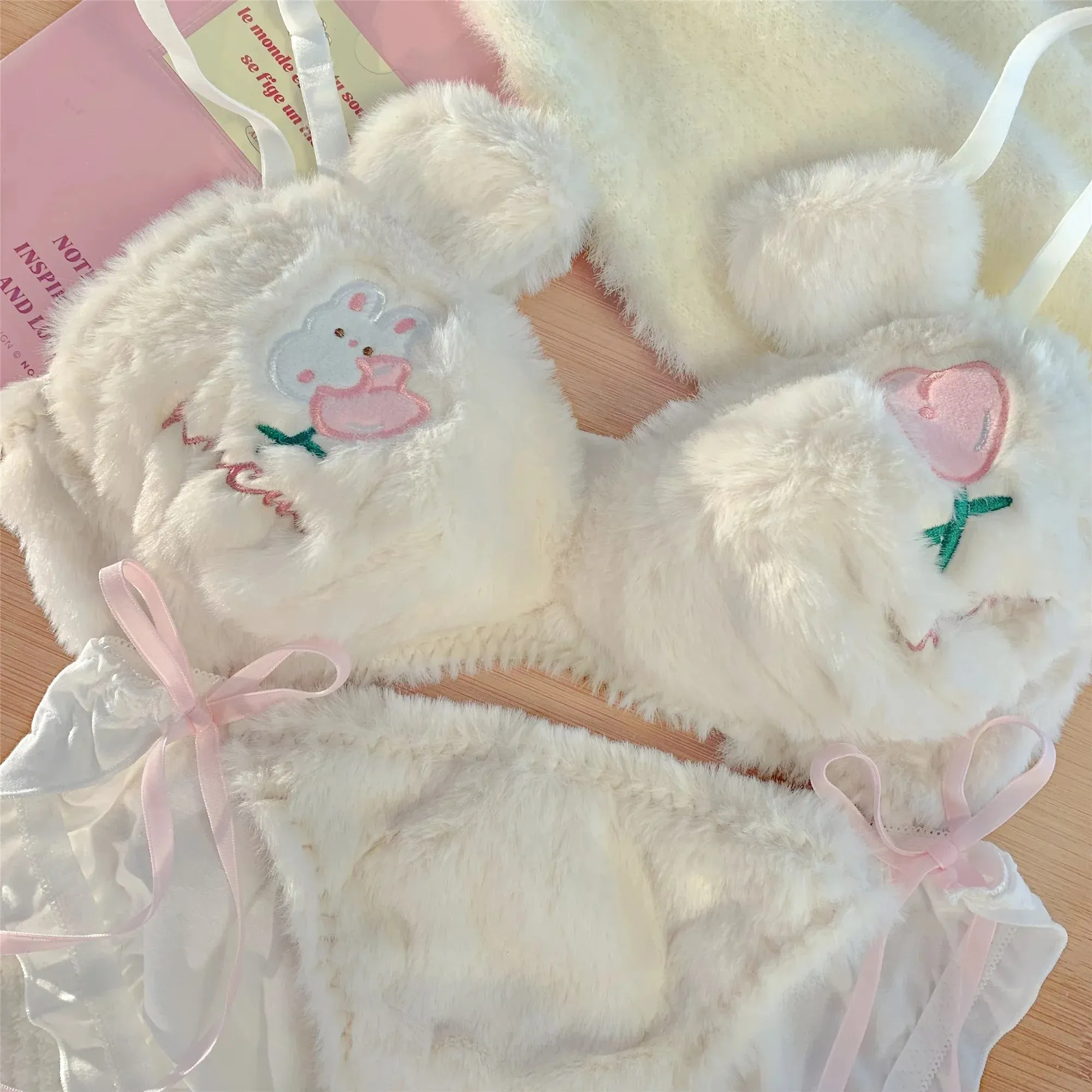 Spring Tulip Bunny Fuzzy Lingerie Set