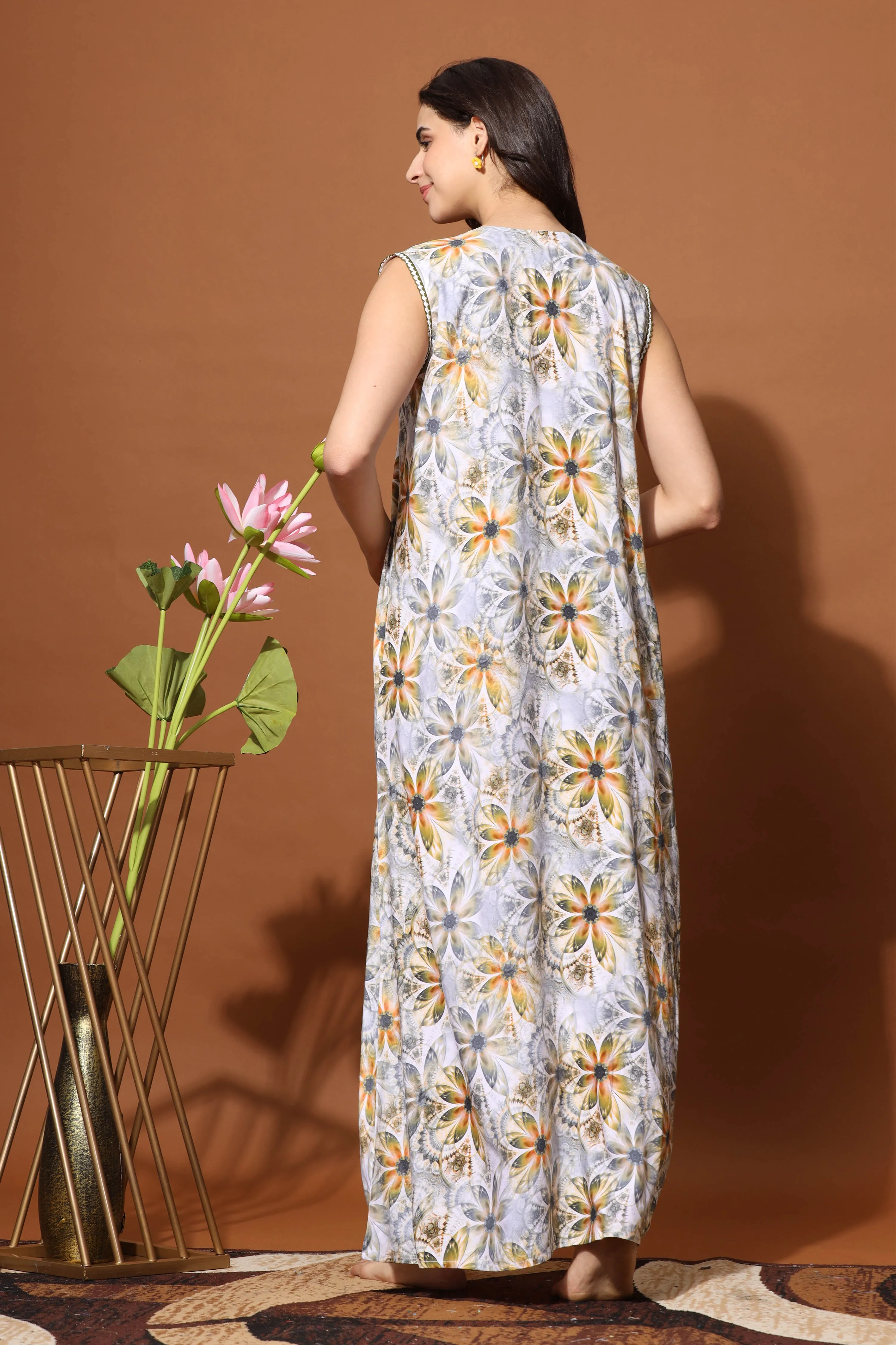 Sunflower Print Rayon Sleeveless Maxi Nighty - Comfort Meets Style