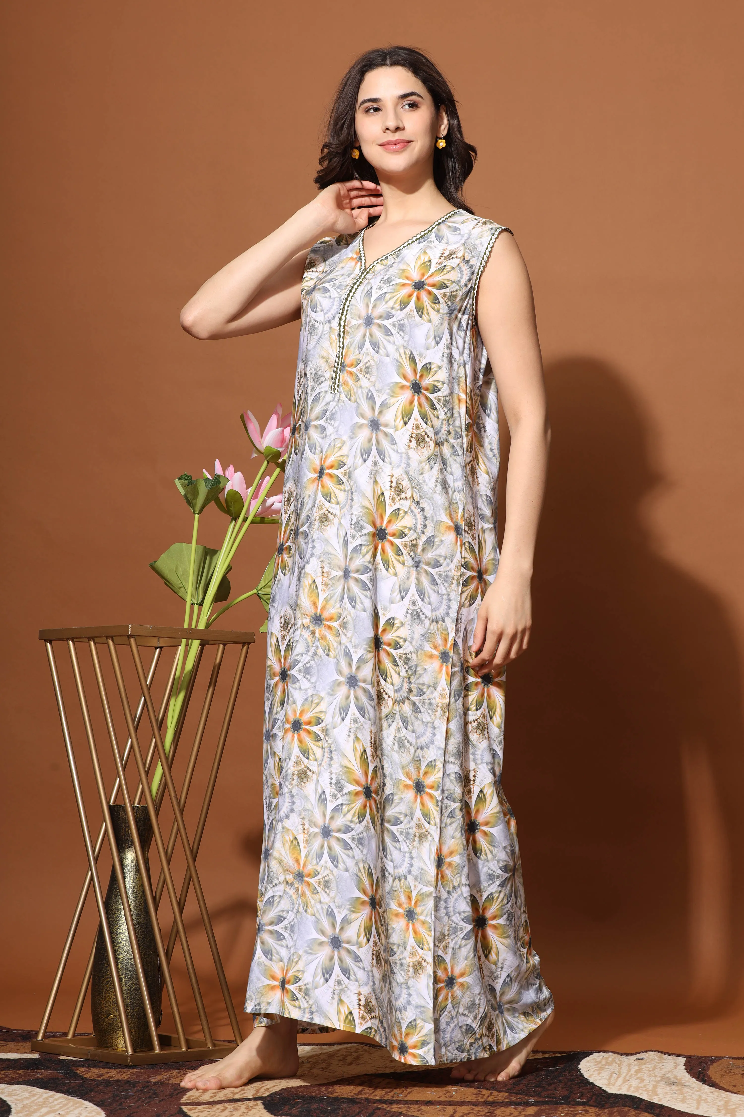 Sunflower Print Rayon Sleeveless Maxi Nighty - Comfort Meets Style