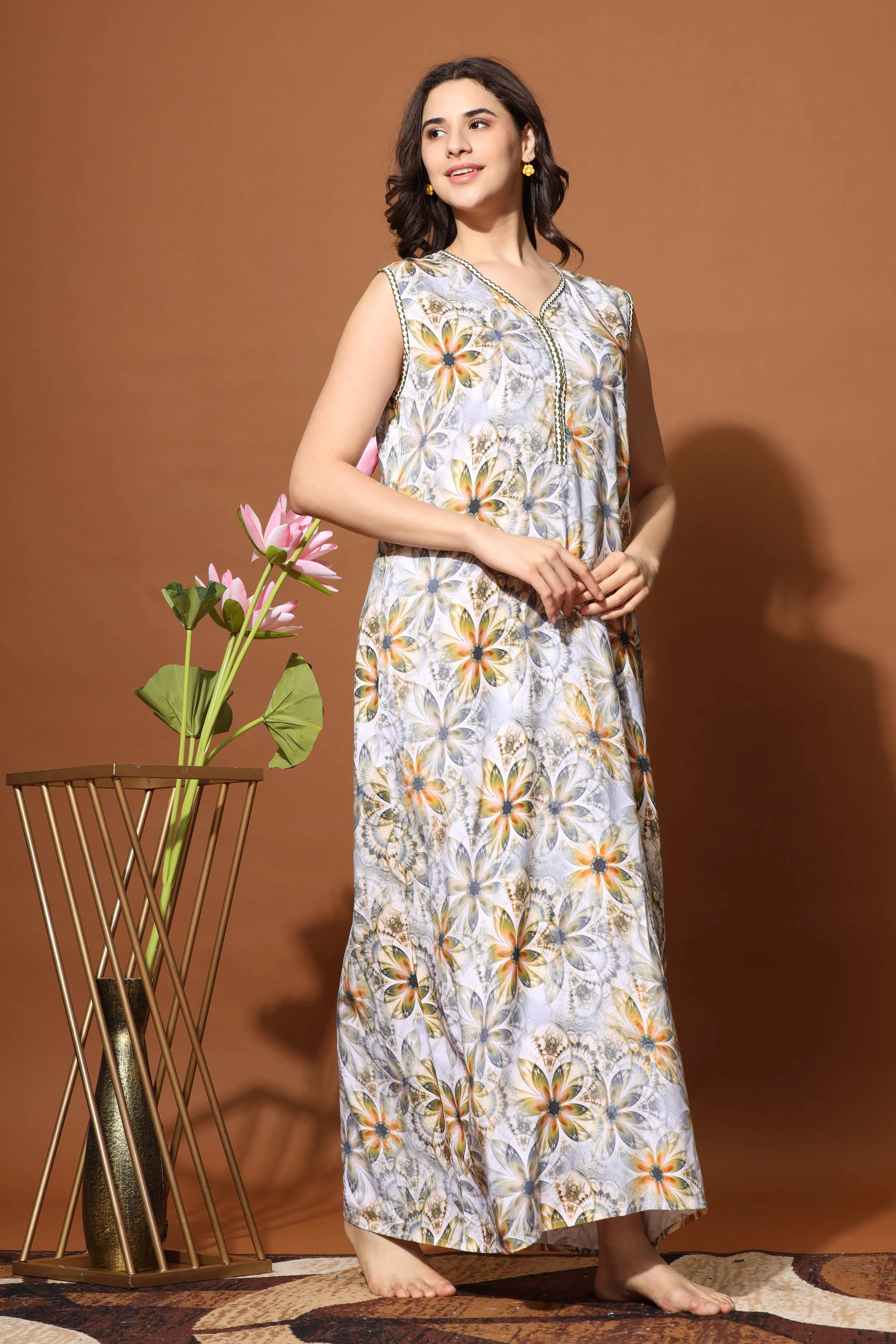 Sunflower Print Rayon Sleeveless Maxi Nighty - Comfort Meets Style