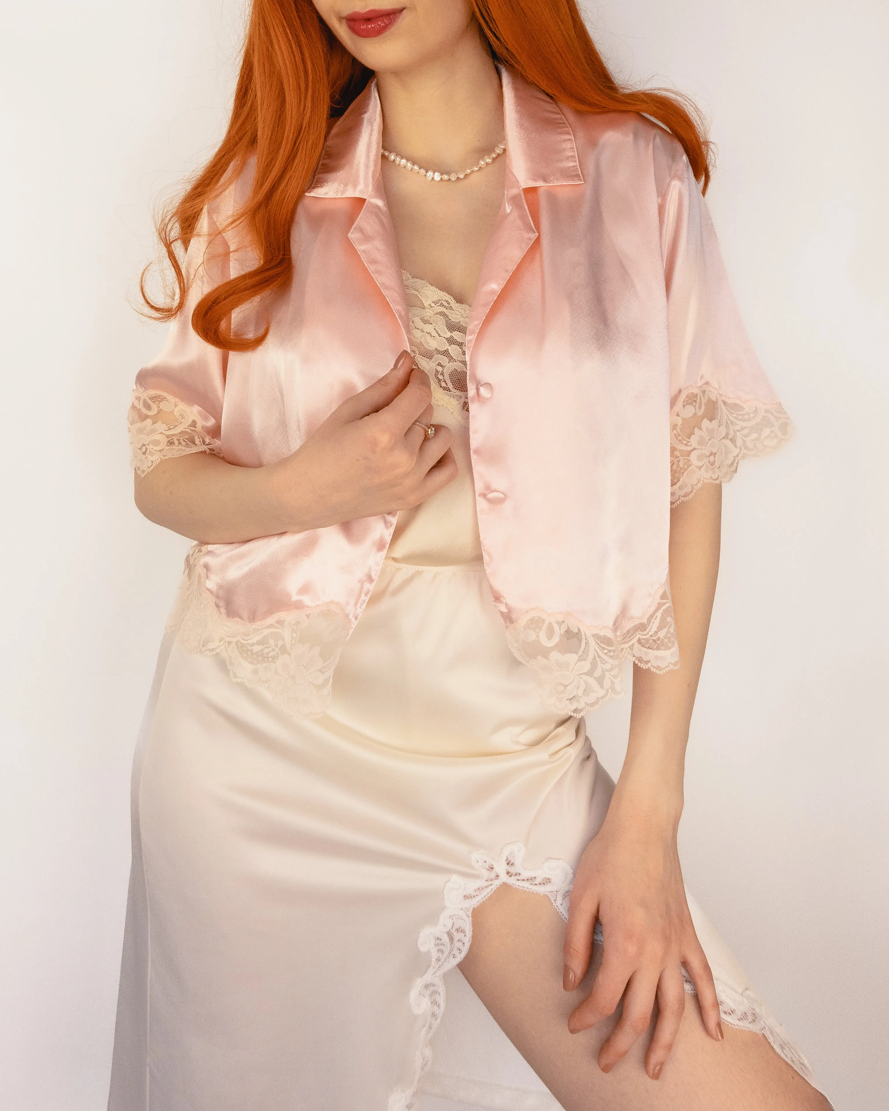 Vintage Button Down Satin Sleep Shirt Pink