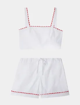 White Crop Top and Shorts Matching Set With Red Ric Rac Trim - 100% Cotton Poplin