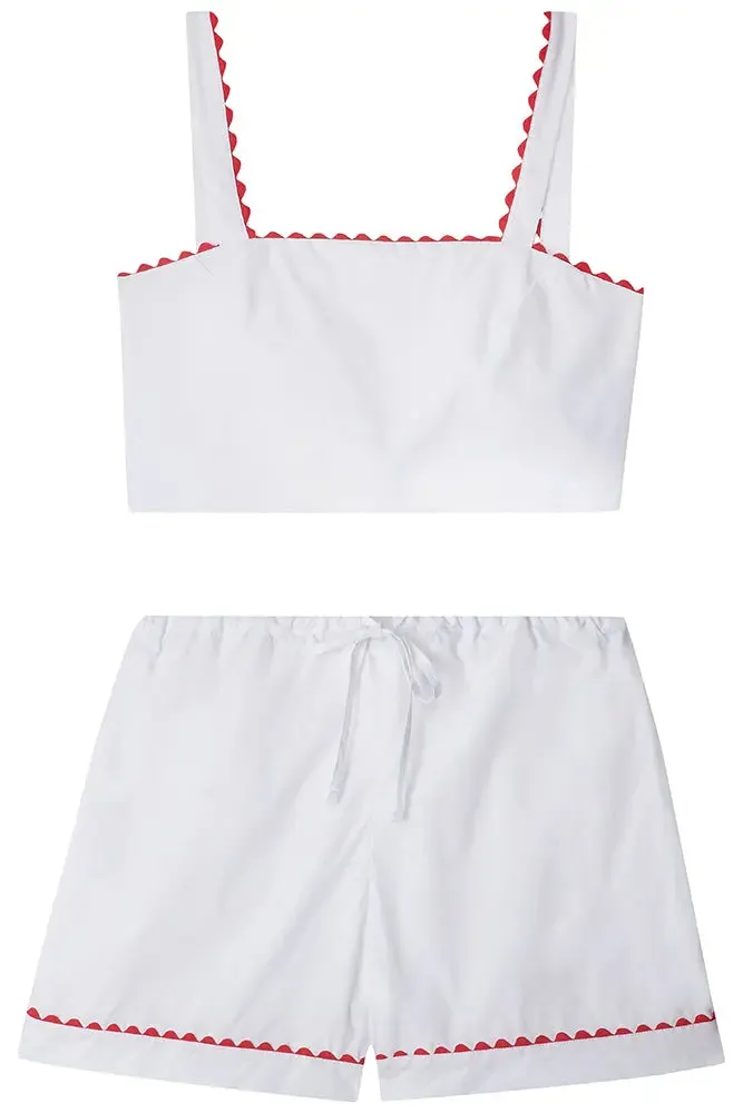 White Crop Top and Shorts Matching Set With Red Ric Rac Trim - 100% Cotton Poplin