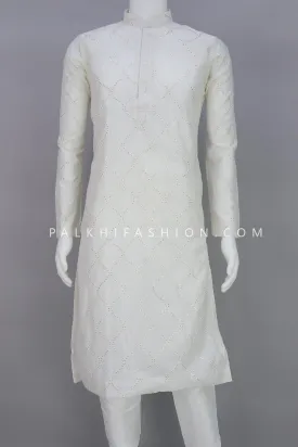 White Soft Silk Embroidery Work Kurta Pajama