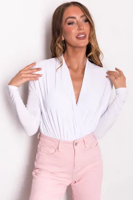 White Surplice Long Sleeve Silky Knit Bodysuit