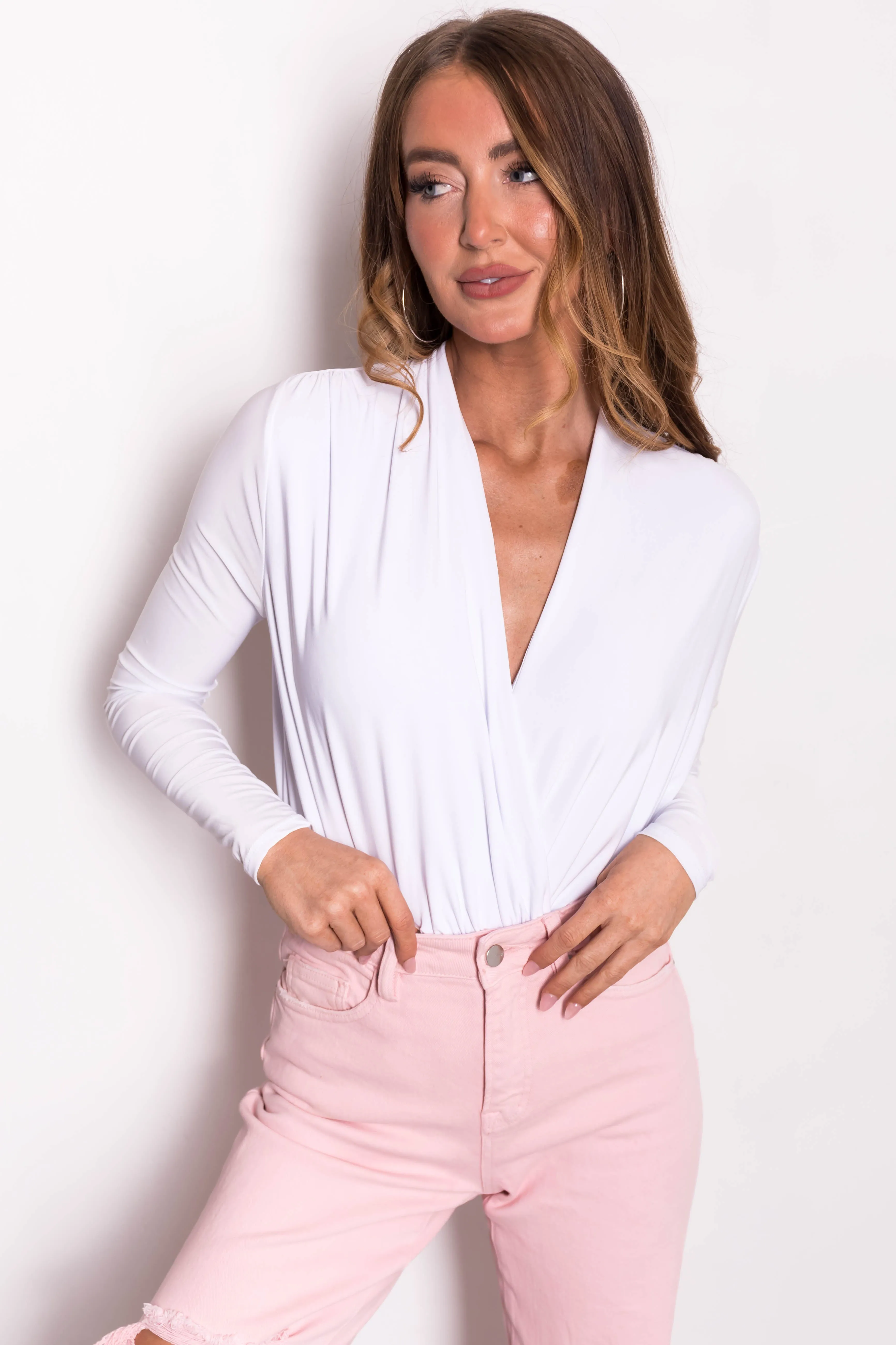 White Surplice Long Sleeve Silky Knit Bodysuit