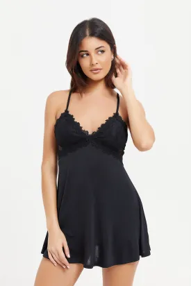 Women Black Satin Lace Babydoll