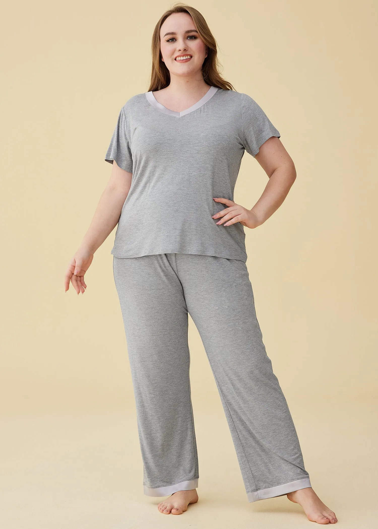 Women's Bamboo Sleepwear Short Sleeves Top with Pants Pajama Set