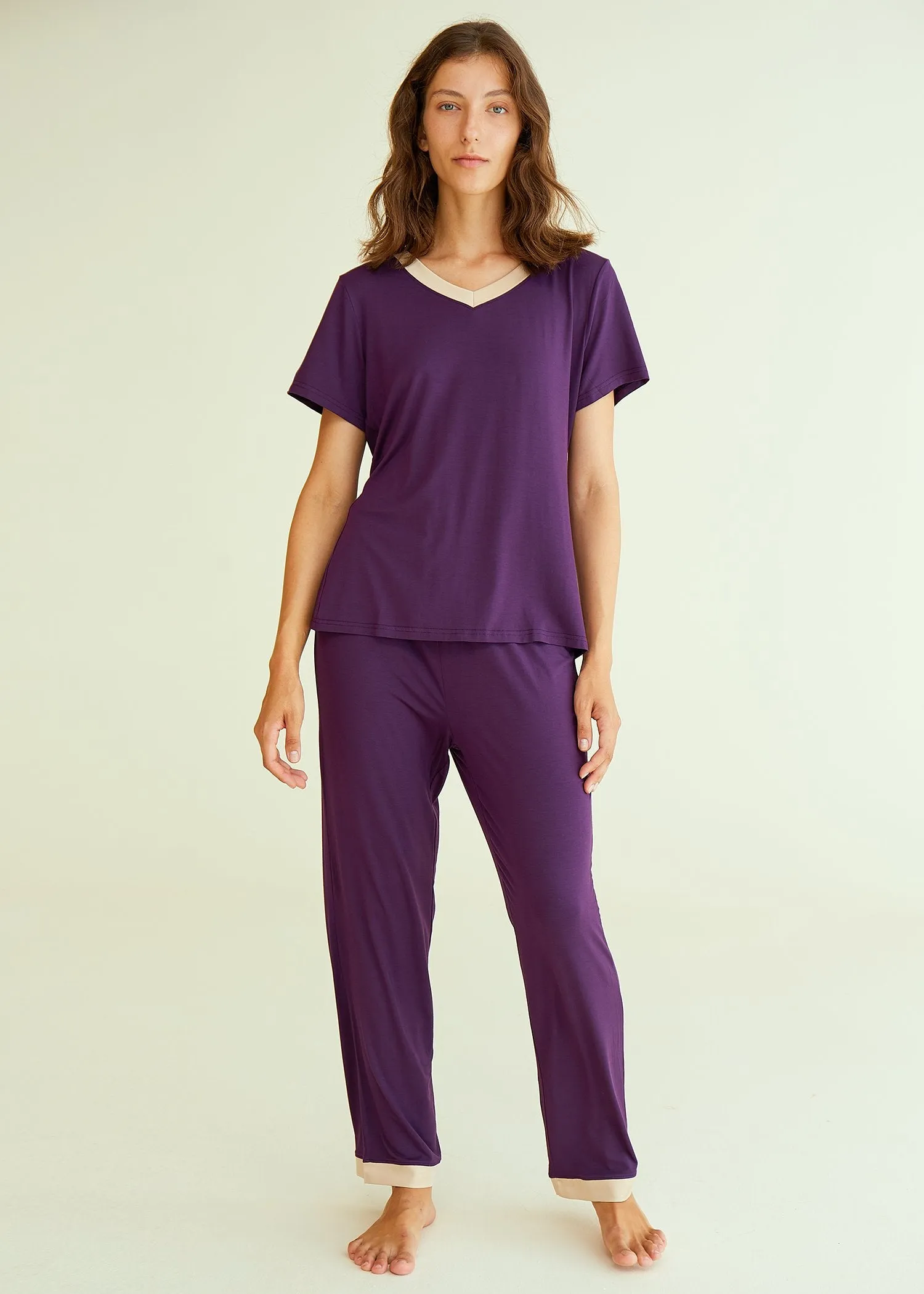 Women's Bamboo Sleepwear Short Sleeves Top with Pants Pajama Set