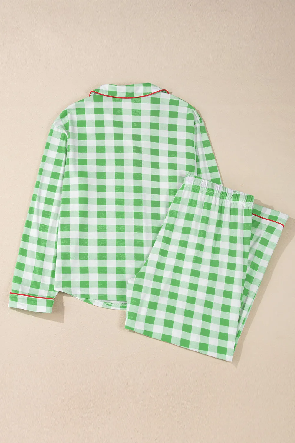 Womens  Festive Green Gingham Christmas Long Sleeve Plus Size Pajama Set