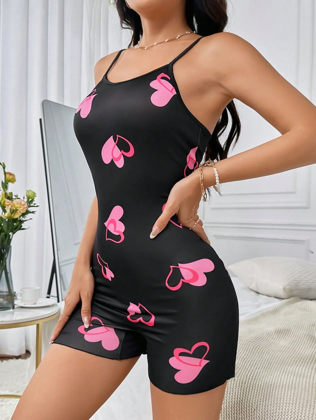 Women's Heart Pattern Sleepwear Cami Romper Set