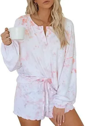 Womens Long Sleeve of 2 Piece Short Pajamas Set Nightwear Sleepwear Loungewear-Pink