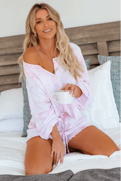 Womens Long Sleeve of 2 Piece Short Pajamas Set Nightwear Sleepwear Loungewear-Pink