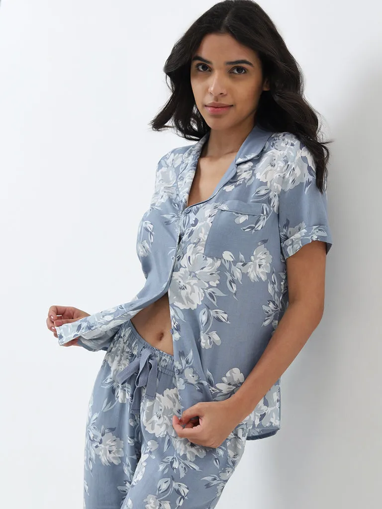 Wunderlove Dusty Blue Floral Shirt & High-Rise Pyjamas Set