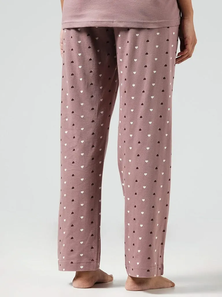 Wunderlove Light Brown Heart Printed Cotton Pyjamas