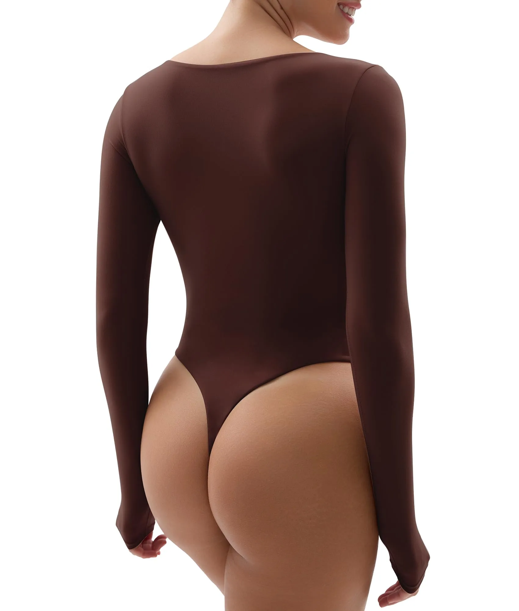 YIANNA Long Sleeve Bodysuit for Women Scoop Neck Womens Fitted Going Out Tops Sexy Body-hugging Thong Bodysuit