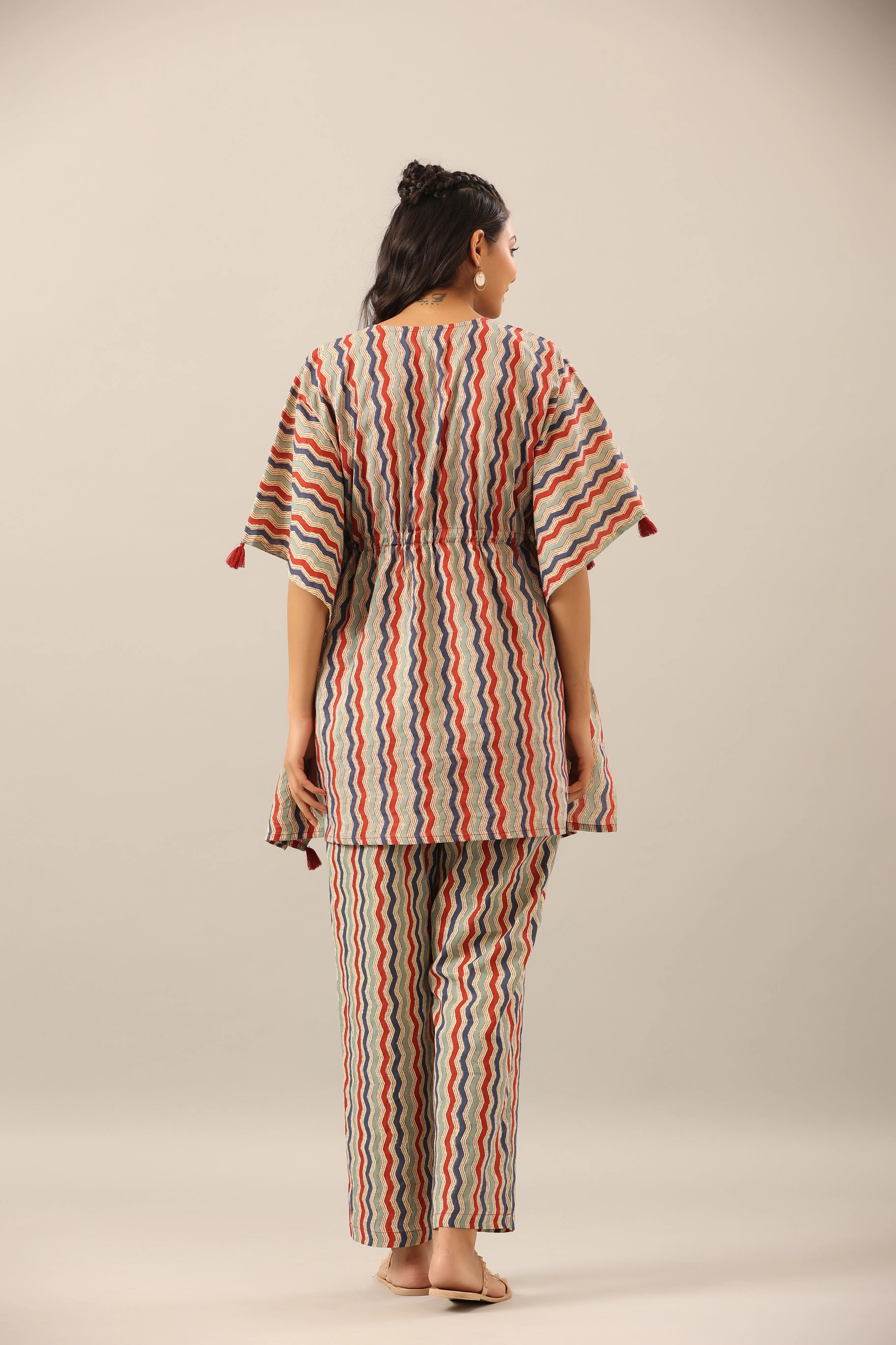 Zigzag on beige cotton Kaftan Pajama Set